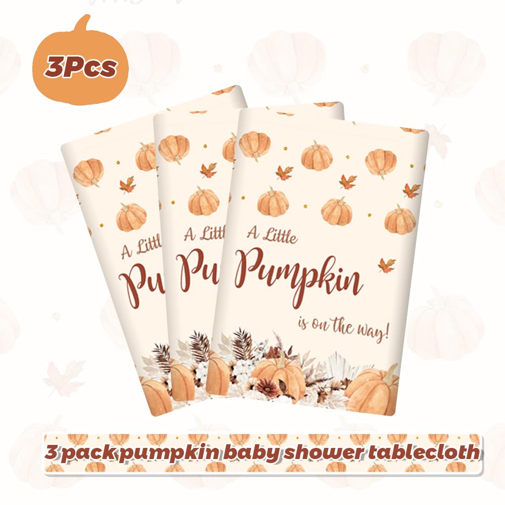 MEHOFOND Fall Boho Little Pumpkin Baby Shower Party Plastic Tablecloth Autumn Disposable Party Tablecloths A Little Pumpkin is on The Way Pumpkin Thanksgiving Party Decorations Tablecloth 3 PCS