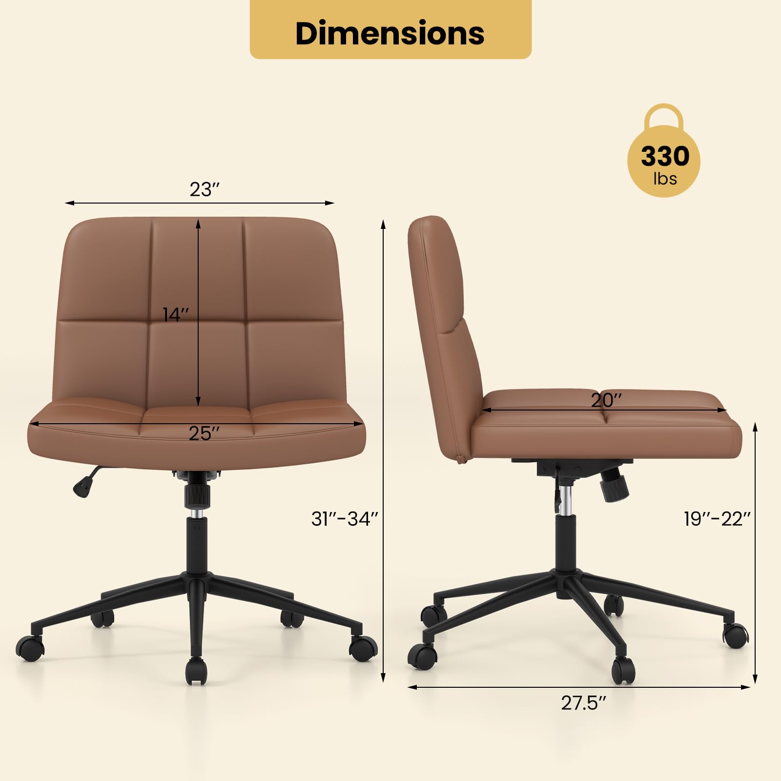 Giantex Criss Cross Chair with Wheels, PU Leather Cross Legged Office Chair, Height-Adjustable Swivel Vanity Chair with U-Shaped Seat, Armless Wide Desk Chair for Home, Office, Make Up, Brown