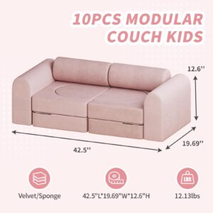 DEYGIA Modular Kids Play Couch, 10PCS Kids Modular Couch with 2 Arches and 2 Round Handrail, Kids Couch for Playroom, Modular Kids Couch for Boys and Girls, Modular Couch Kids (Pink)