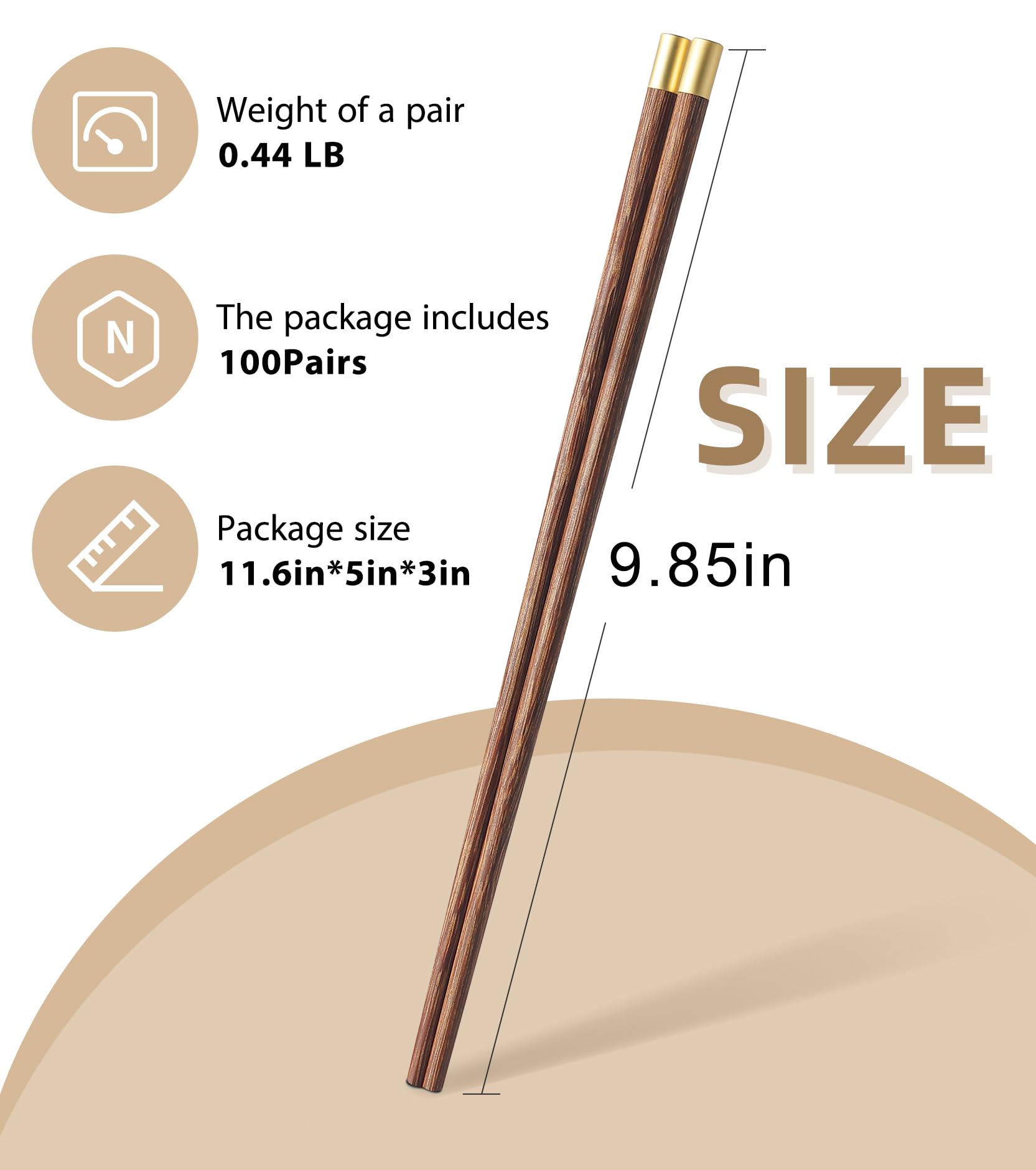 LOROTOCO 100 Pairs Wooden Chopsticks | Reusable | Dishwasher Safe | Bulk | Chinese- （9.84in）