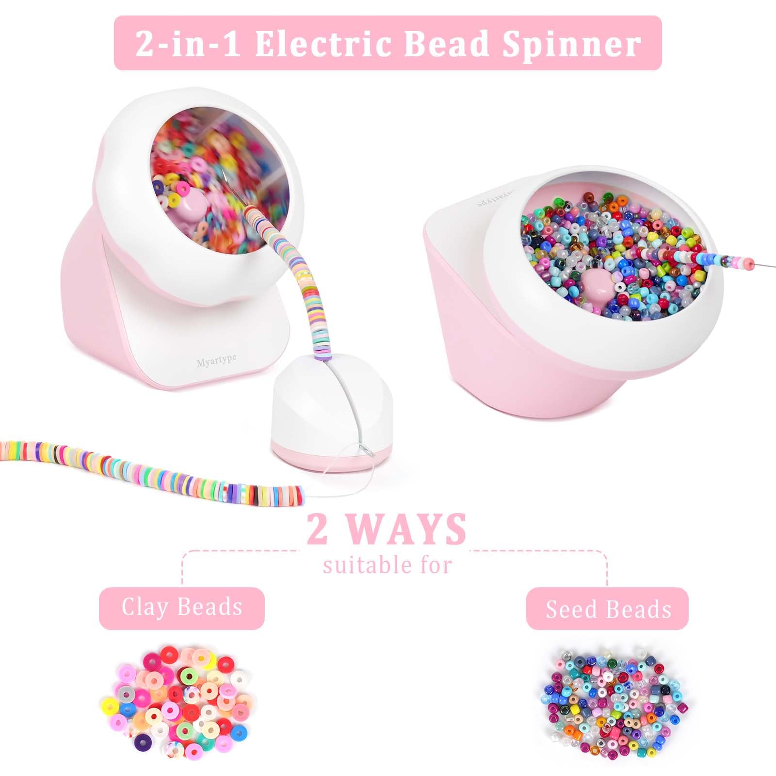 Clay Bead Spinner and Seed Bead Spinner, 2-in-1 Electric Bead Spinner for Jewelry Making, Bracelet Spinner and Necklace Making Machine with Bead Needles and Thread (Pink), (Beads Not Included)