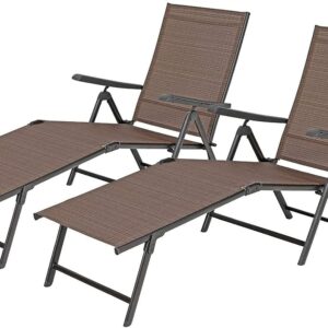 MIXPATIO Outdoor Loungers (Set of 2), Folding Textile Loungers for Patio, Adjustable Loungers with Armrests for Beach Pool Patio, Brown