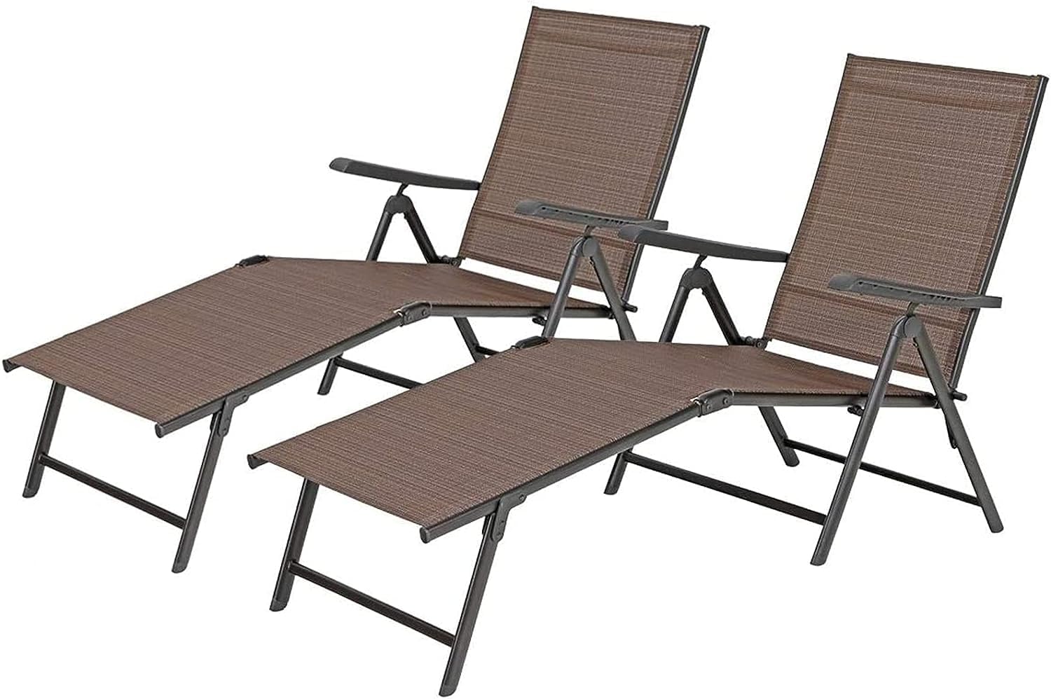 MIXPATIO Outdoor Loungers (Set of 2), Folding Textile Loungers for Patio, Adjustable Loungers with Armrests for Beach Pool Patio, Brown