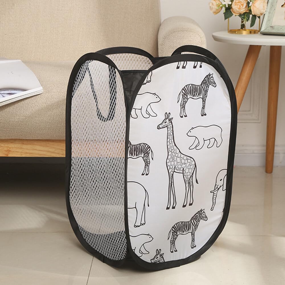 Handy Laundry Collapsible Mesh Pop Up Hamper Cartoon Animals Laundry Basket with Wide Opening and Side Pocket ¨C Breathable, Sturdy, Foldable, and Space-Saving Design (White)