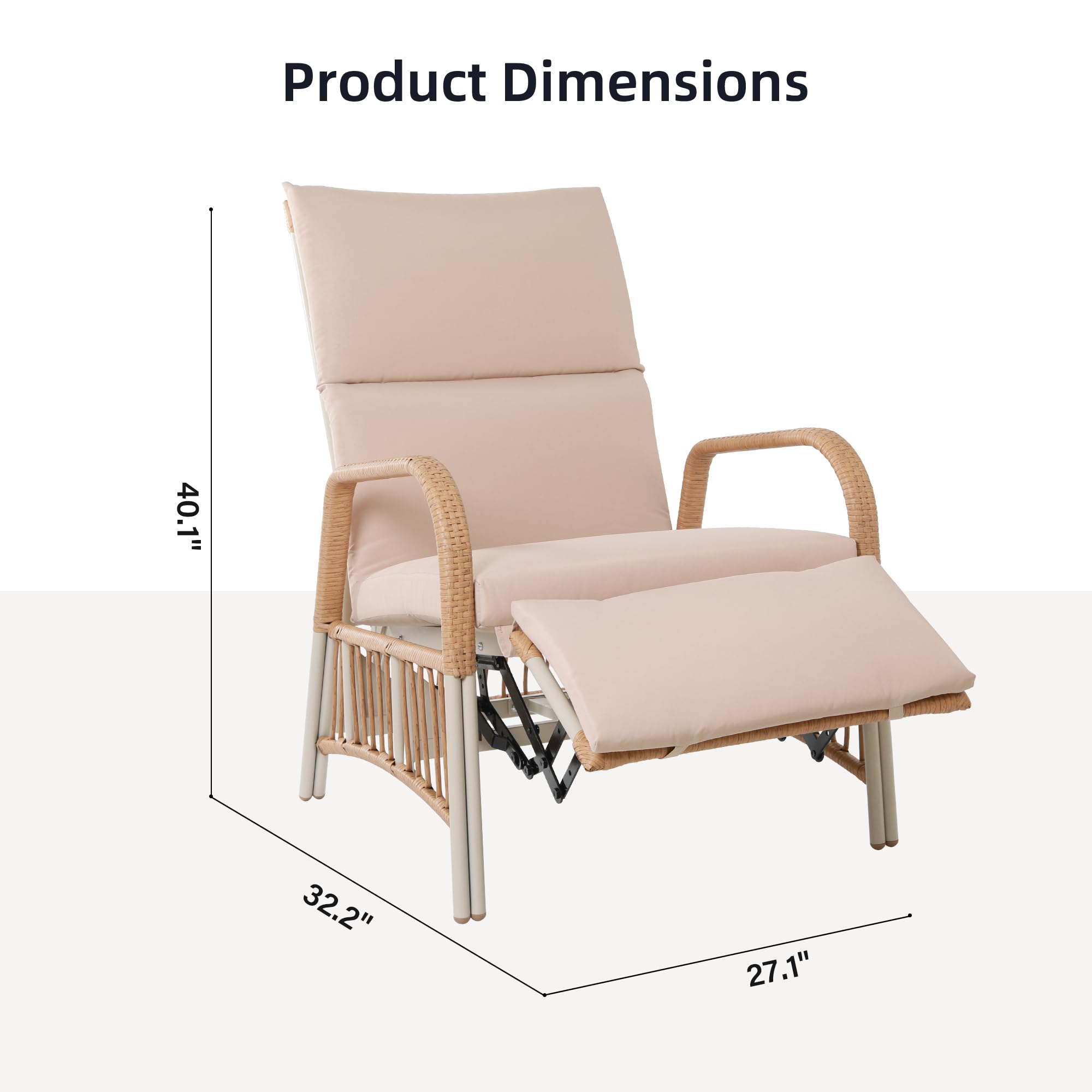 UPHA Outdoor Adjustable Recliner Chair with Thick Cushion,All-Weather Wicker Reclining Lounge Chair with Footrest for Deck, Backyard, Lawn,Beige