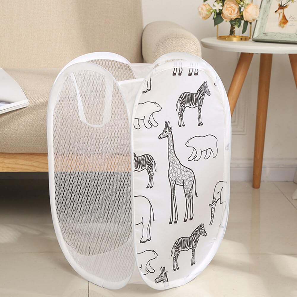 Handy Laundry Collapsible Mesh Pop Up Hamper Cartoon Animals Laundry Basket with Wide Opening and Side Pocket ¨C Breathable, Sturdy, Foldable, and Space-Saving Design (White)