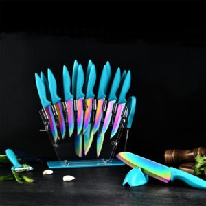 Knife Set 18 Pcs Stainless Steel Knives Set with Acrylic Storage Block Sharpener Sharp Cutlery Kitchen Knife Block Set Chef Cooking Cutting Knives Teal Turquoise Blue