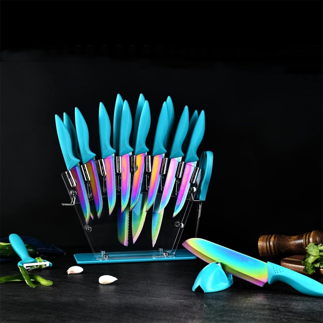 Knife Set 18 Pcs Stainless Steel Knives Set with Acrylic Storage Block Sharpener Sharp Cutlery Kitchen Knife Block Set Chef Cooking Cutting Knives Teal Turquoise Blue