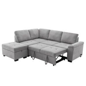 Eafurn Convertible Sleeper Sectional Sofa with Pull Out Bed and Movable Ottoman, L Shaped Reversible Couch with Hidden Arm Storage & USB Charge, 4 Seat Corner Sofa&Couches for Living Room, Gray 87.4"