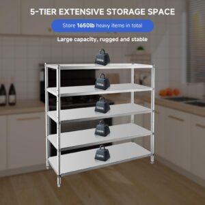 Garvee Stainless Steel Shelves,47x18x72 in Storage Shelf 5-Tier Heavy Duty Storage Rack Shelving Capacity Shelf Unit for Kitchen Garage Office Restaurant Warehouse