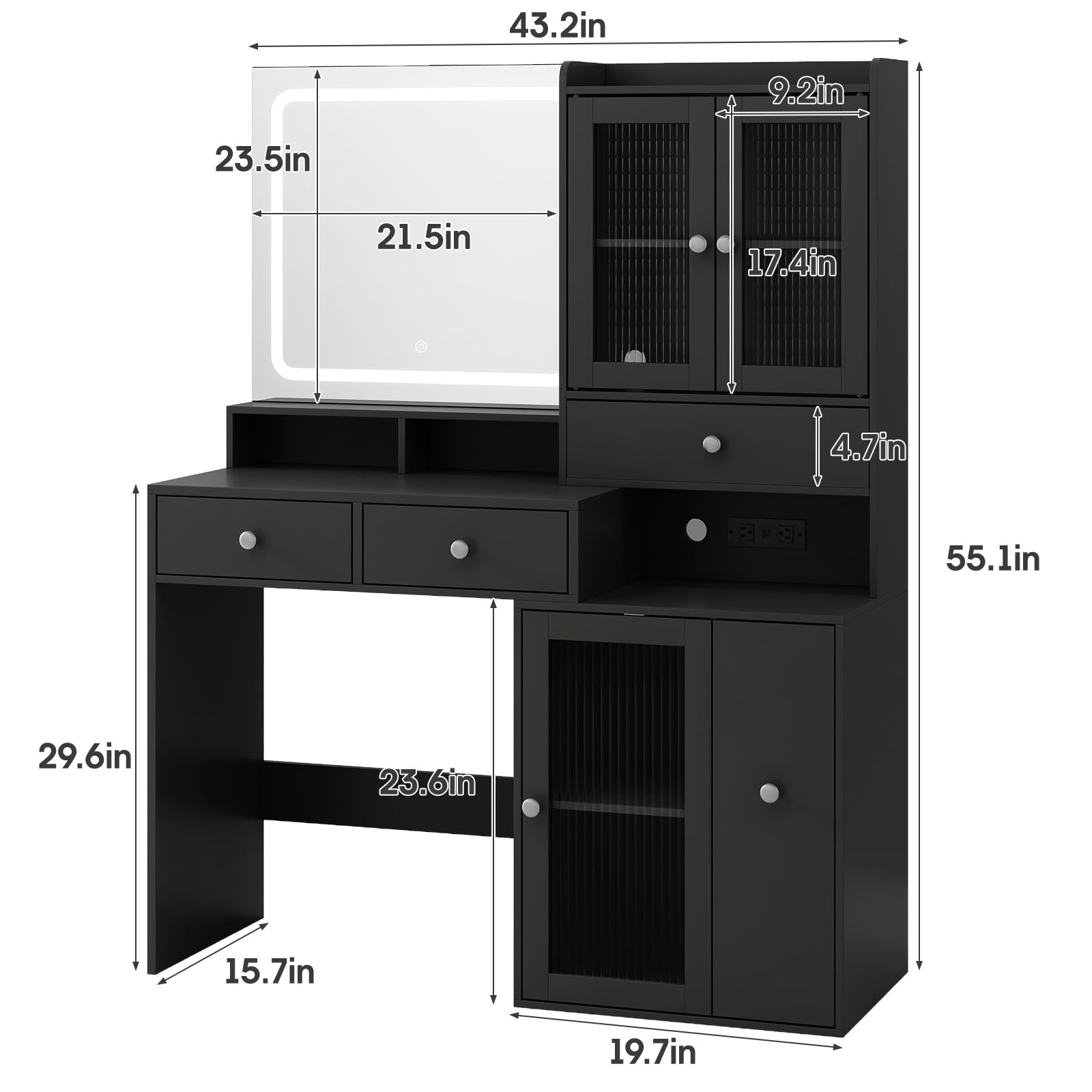 Fameill Makeup Vanity Desk with Mirror and Lights, Black Makeup Vanity with 4 Drawers and Charging Station, Vanity Table with RGB Cabinet, Dressing Table for Bedroom