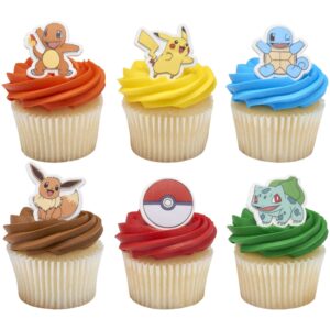 decopac pokémon rings, cupcake decorations with pikachu, bulbasaur, eevee, charmander, squirtle, and poké ball, multicolored food safe cake toppers – 24 pack