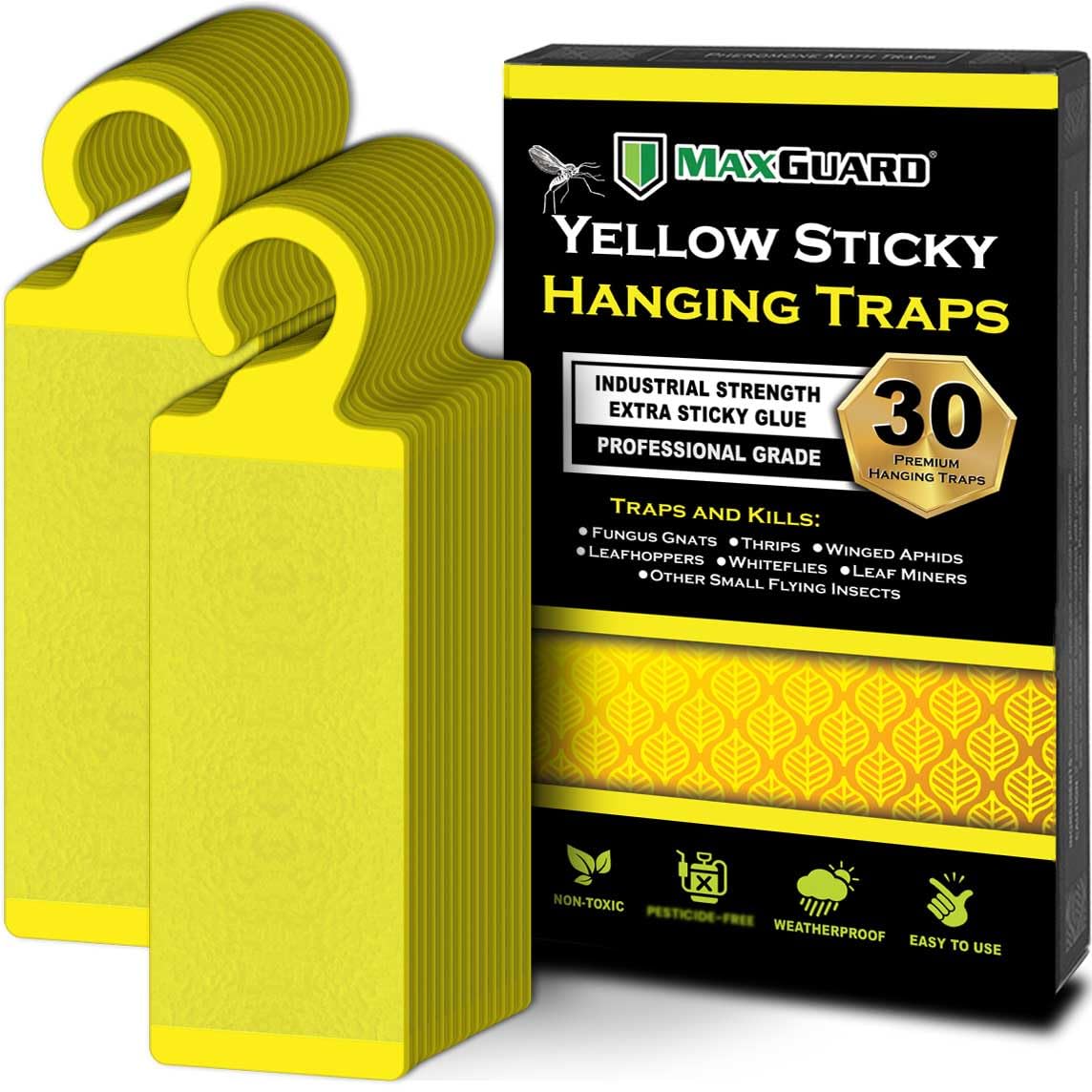 MaxGuard (30 Pack) Yellow Sticky Hanging Traps - Catch and Kill Fungus Gnats, Whiteflies, Mosquitos, Aphids, Leaf Miners, Flying Insect Catcher Glue Trappers for Indoor or Outdoor