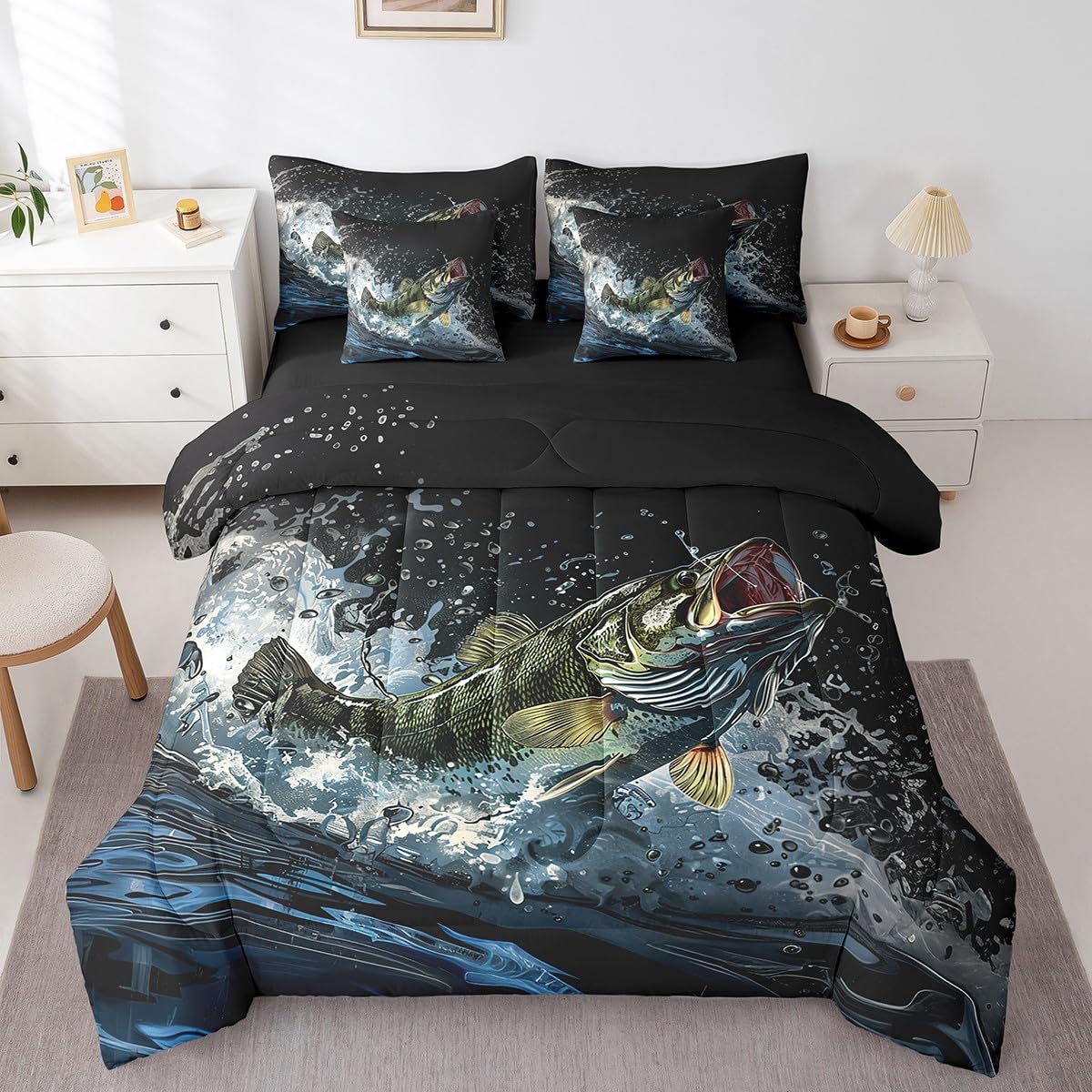 Feelyou Big Pike Fish Comforter Set with Sheets Bass Big Fish Hunting and Fishing Themed 7 Piece Bedding Set for Kids Boys Girls Black Underwater Animals Bed in a Bag for Independence Day Queen Size