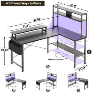 Aheaplus L Shaped Gaming Desk with Power Outlets & LED Lights, Small L- Shaped Desk Computer Corner Desk with Monitor Stand & Storage Shelf, Home Office Desk Writing Desk with Storage Bag, Black