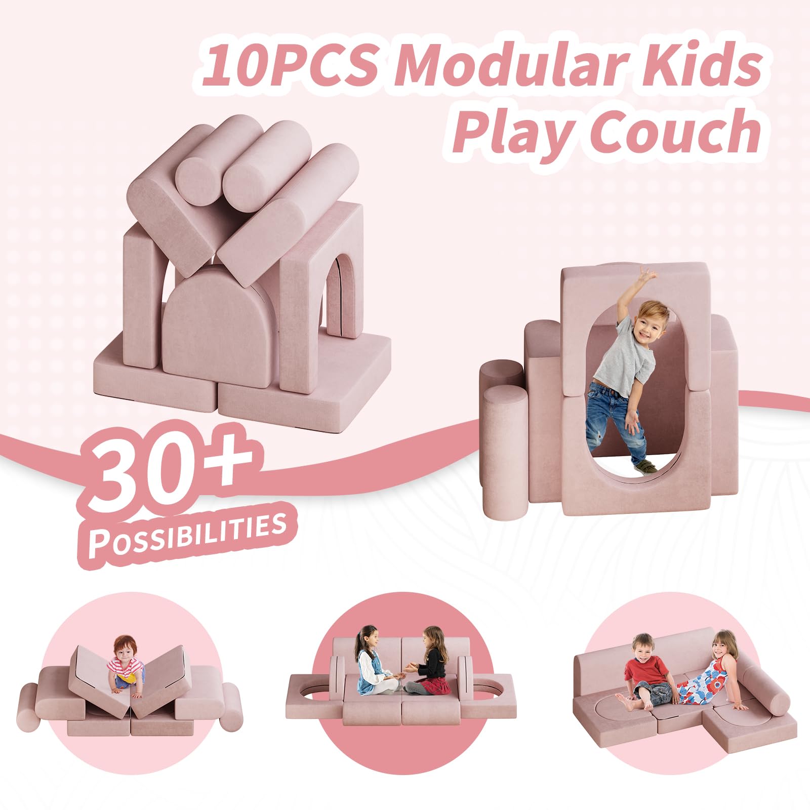 DEYGIA Modular Kids Play Couch, 10PCS Kids Modular Couch with 2 Arches and 2 Round Handrail, Kids Couch for Playroom, Modular Kids Couch for Boys and Girls, Modular Couch Kids (Pink)