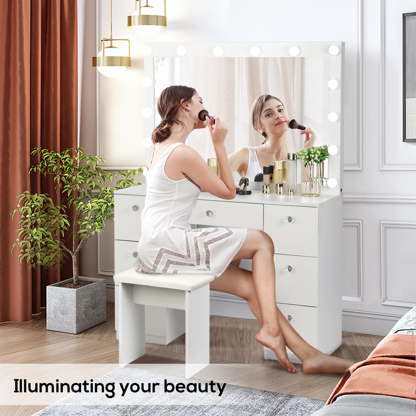 SMOOL Vanity with Lighted Mirror, Makeup Vanity Desk with Power Outlet and LED Bulbs, 3 Color Lighting Modes Adjustable Brightness, 7 Drawers Vanity Table with Cushioned Stool for Bedroom, White