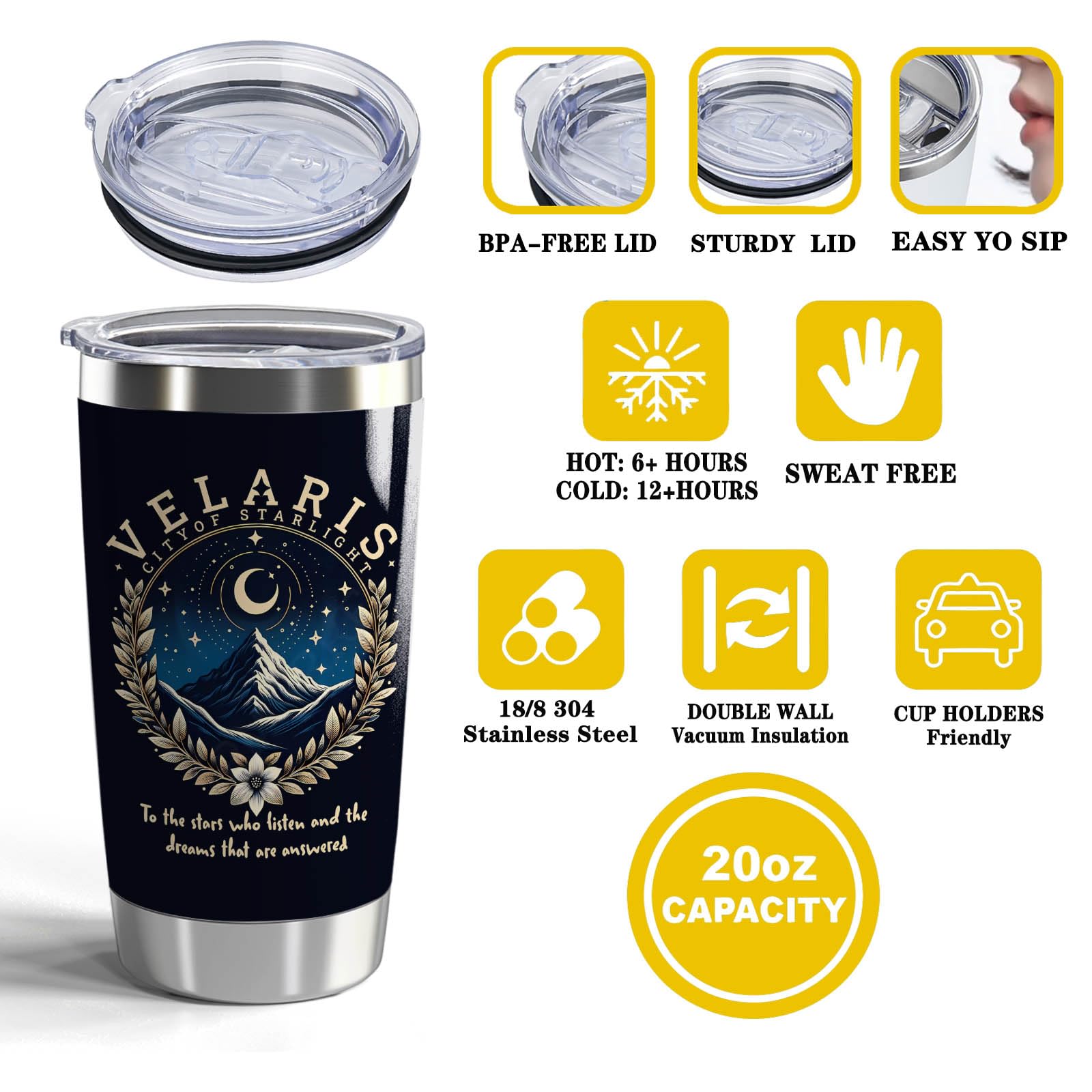 Velaris City of Starlight 20oz Stainless Steel Tumbler with Lid and Straw Acotar Gift (Black-VELARIS City)