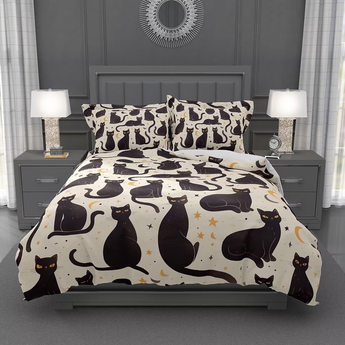 Cat Duvet Cover King Size 3D Printed Black Cat King Duvet Cover Set Cat Lover's Gift Animal Themed Printed Bedding Sets Room Decor 3 Pcs Comforter Cover with 2 Pillowcases