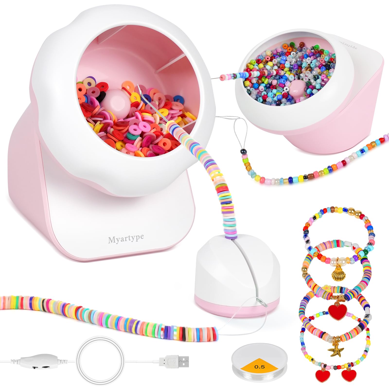 Clay Bead Spinner and Seed Bead Spinner, 2-in-1 Electric Bead Spinner for Jewelry Making, Bracelet Spinner and Necklace Making Machine with Bead Needles and Thread (Pink), (Beads Not Included)