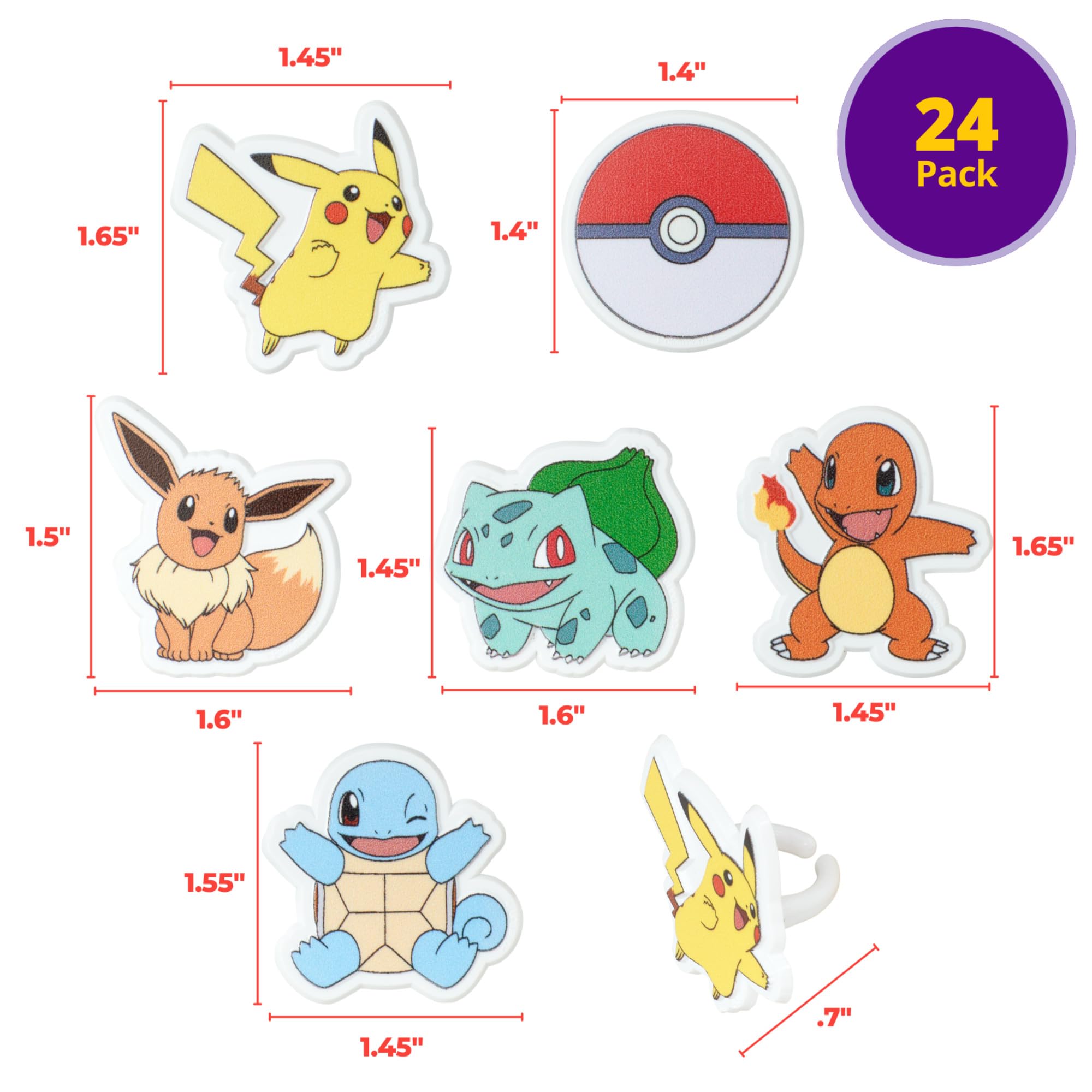 DecoPac Pokémon Rings, Cupcake Decorations With Pikachu, Bulbasaur, Eevee, Charmander, Squirtle, and Poké Ball, Multicolored Food Safe Cake Toppers – 24 Pack