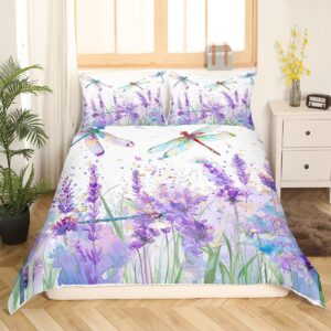 Feelyou Kids Twin Dragonfly Bedding Set Purple Lavender Duvet Cover Floral Dragonfly Comforter Cover for Kids Boys Girls Botanical Bedspread Cover Adult Bedroom Decor Zipper (No Comforter)