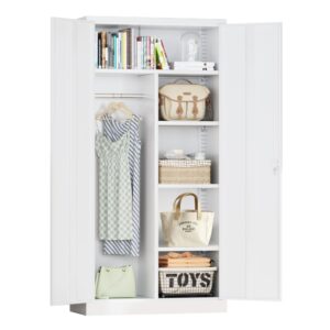 greenvelly metal wardrobe closet with doors and shelves,72" armoire wardrobe closet for hanging clothes for office, home, school, employee,gym(white)