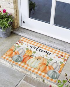 thanksgiving front door mat outside entrance, harvest pumpkin maple leaf outdoor indoor door mats for entryway, low profile white and orange buffalo plaid funny welcome mat entry doormats 24x36 in