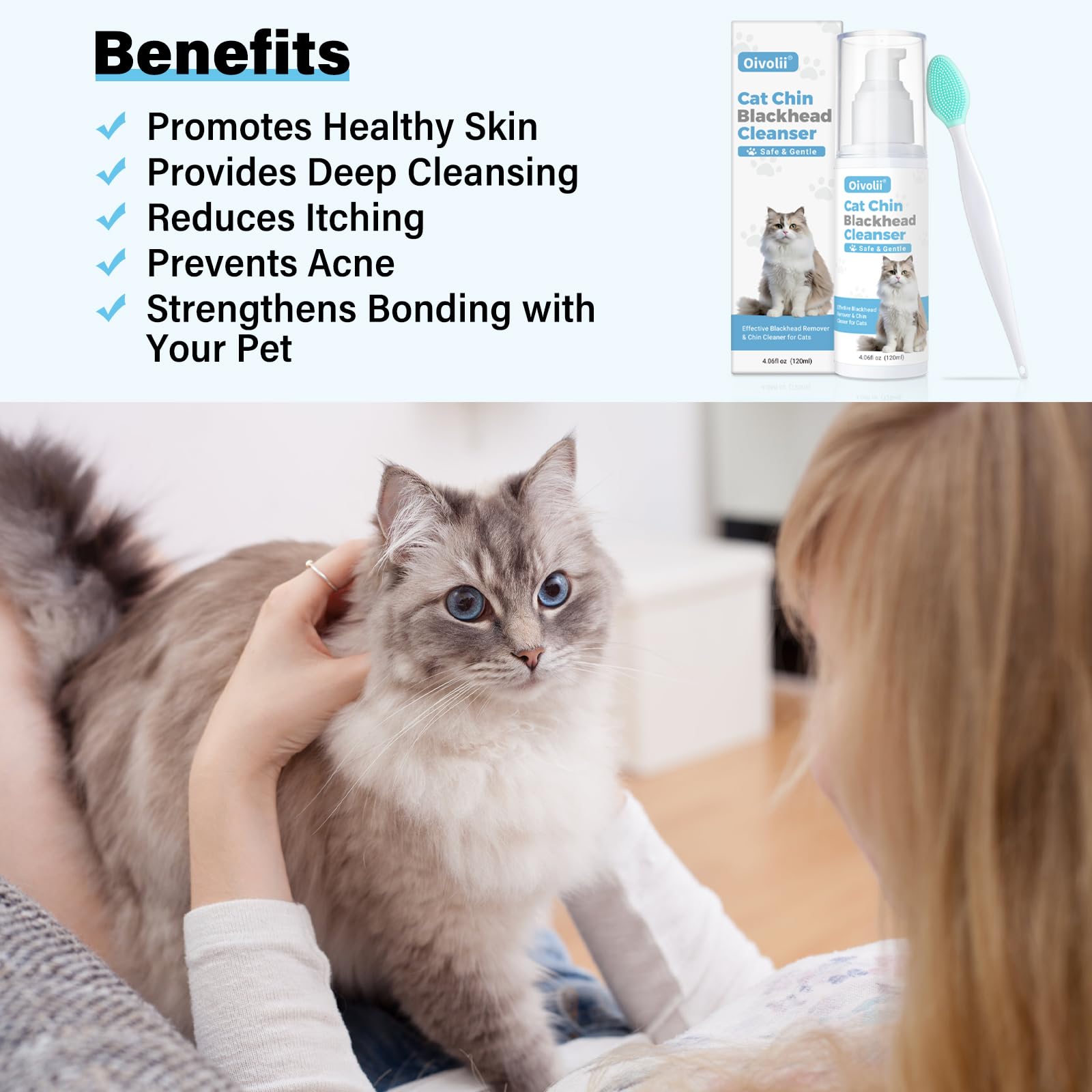 𝐎𝐢𝐯𝐨𝐥𝐢𝐢 Kitten & Cat Acne Chin Treatment, (4 fl. oz) Blackhead Cleanse Lotion & Cleansing Brush,Soothes Chin Acne, Oil Control, tightens pores, relieves Sensitivity.