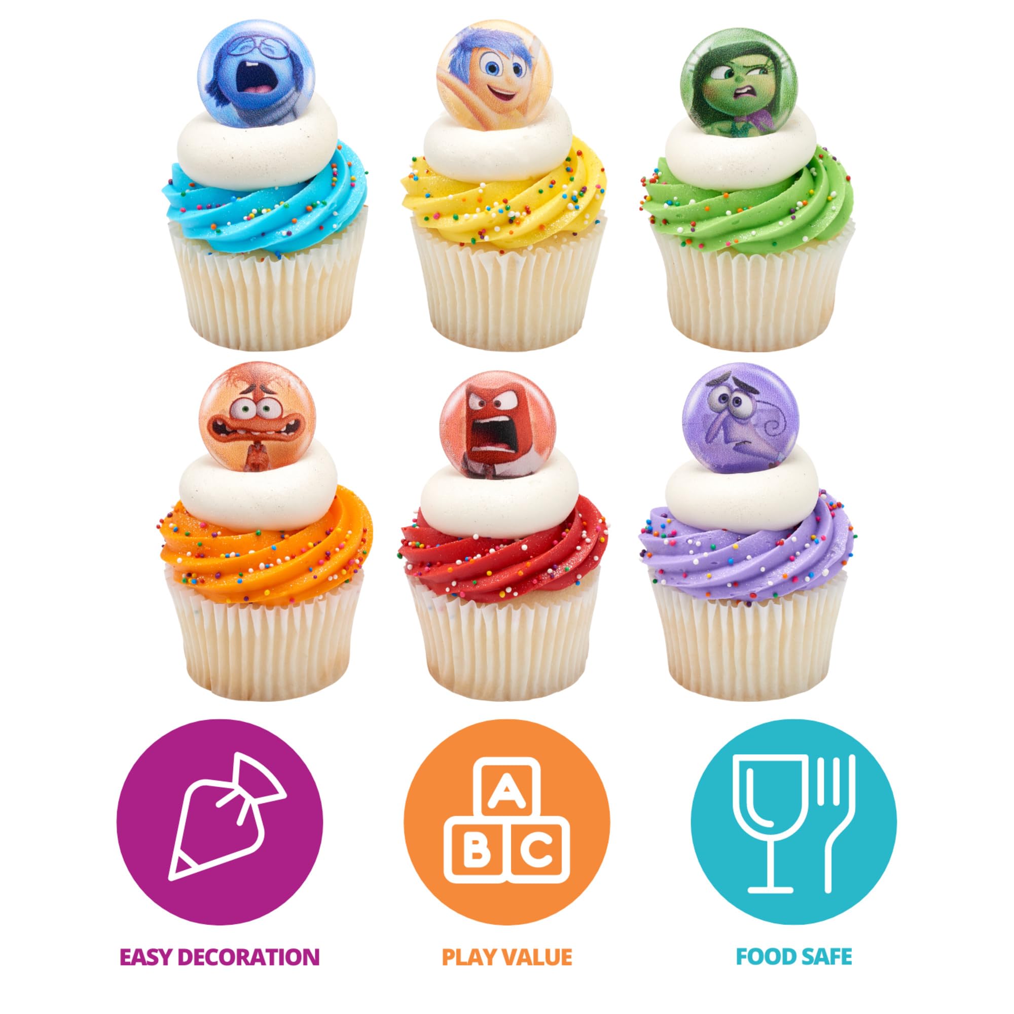 DecoPac Disney & Pixar's Inside Out 2 Bursts of Emotion Rings, Multicolored Cupcake Decorations, Food Safe Cupcake Toppers – 24 Pack