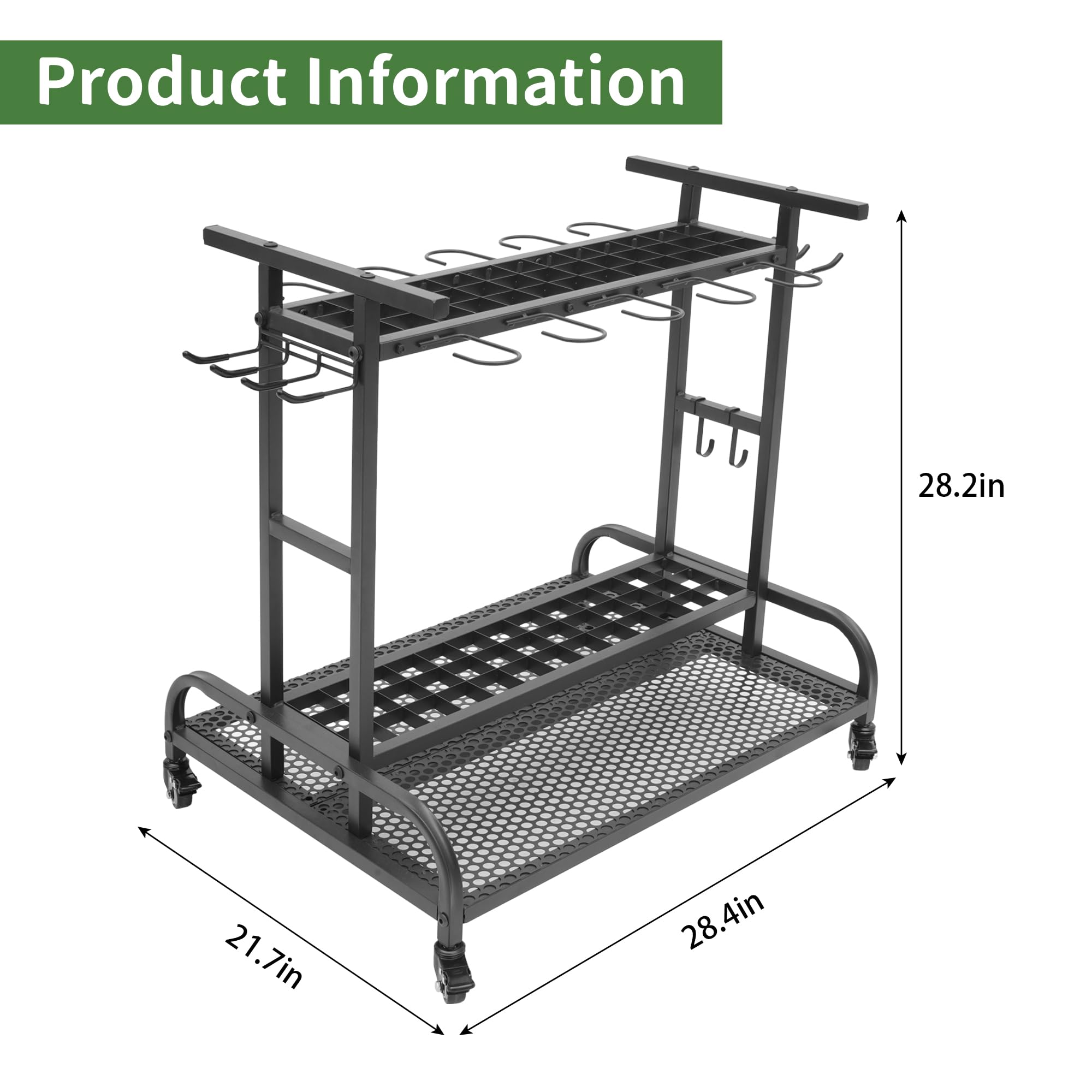 bimiti Garden Tool Organizer Garden Tool Rack Freestanding with Brake Wheels Lawn Tool Organizer for Up to 61 Tools Heavy Duty Steel Outdoor Garden Tool Storage Yard Tool Storage