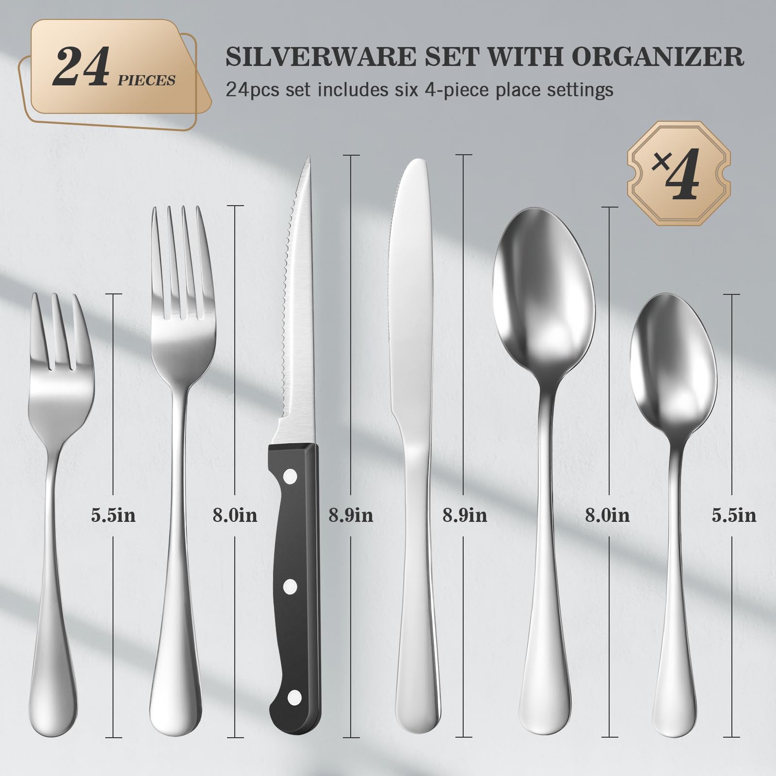 24-Piece Silverware Set with Organizer，Heavy Duty Stainless Steel Flatware Cutlery Tableware Set for 4，Includes 6-Compartment Silverware Tray with Cutlery Icons，Silverware Set with Steak Knives