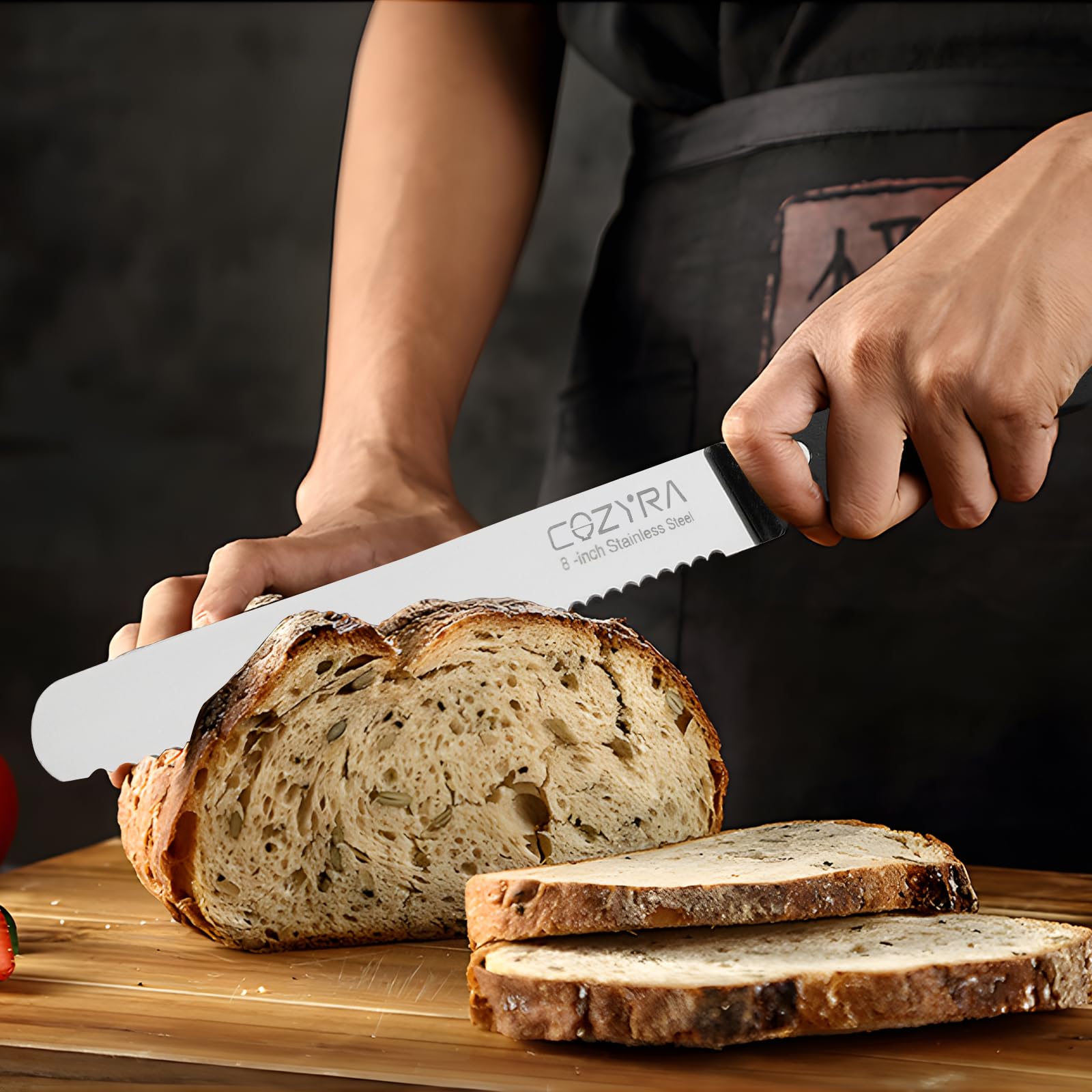 COZYRA Wave Edge Black Precision High Carbon Stainless Steel Bread Knife - Ideal for Effortlessly Slicing Homemade Bread, Bagels, Pizza, and Cakes. (10 Inch)