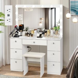 smool vanity with lighted mirror, makeup vanity desk with power outlet and led bulbs, 3 color lighting modes adjustable brightness, 7 drawers vanity table with cushioned stool for bedroom, white