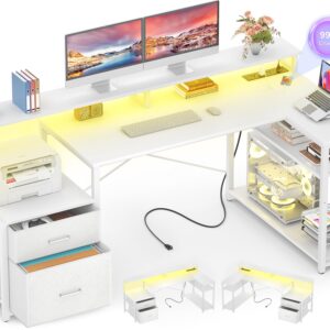 Aheaplus L Shaped Desk with File Drawer, Reversible L Shaped Computer Desk Gaming Desk with Power Outlet & LED Strip, Home Office Desk with Monitor Shelf, Corner Desk with Storage Shelves, White