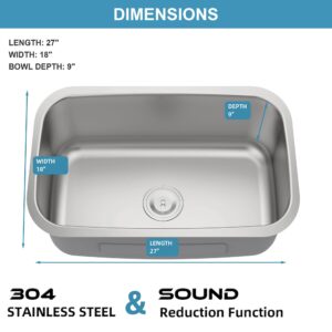 JoviPrime 27 Inch Undermount Kitchen Sink 18 Gauge Stainless Steel Spacious Single Bowl Kitchen Sinks with Strainer 27" x 18" x 9"