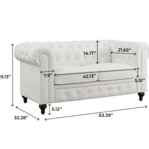 Naomi Home Emery Chesterfield Leather Loveseat, Mini Sofa Sleeper Loveseat, Small Sofa Bed with Rolled Arms, Tufted Cushions 2 Seater Sectional Small Loveseat for Small Spaces, Living Room White