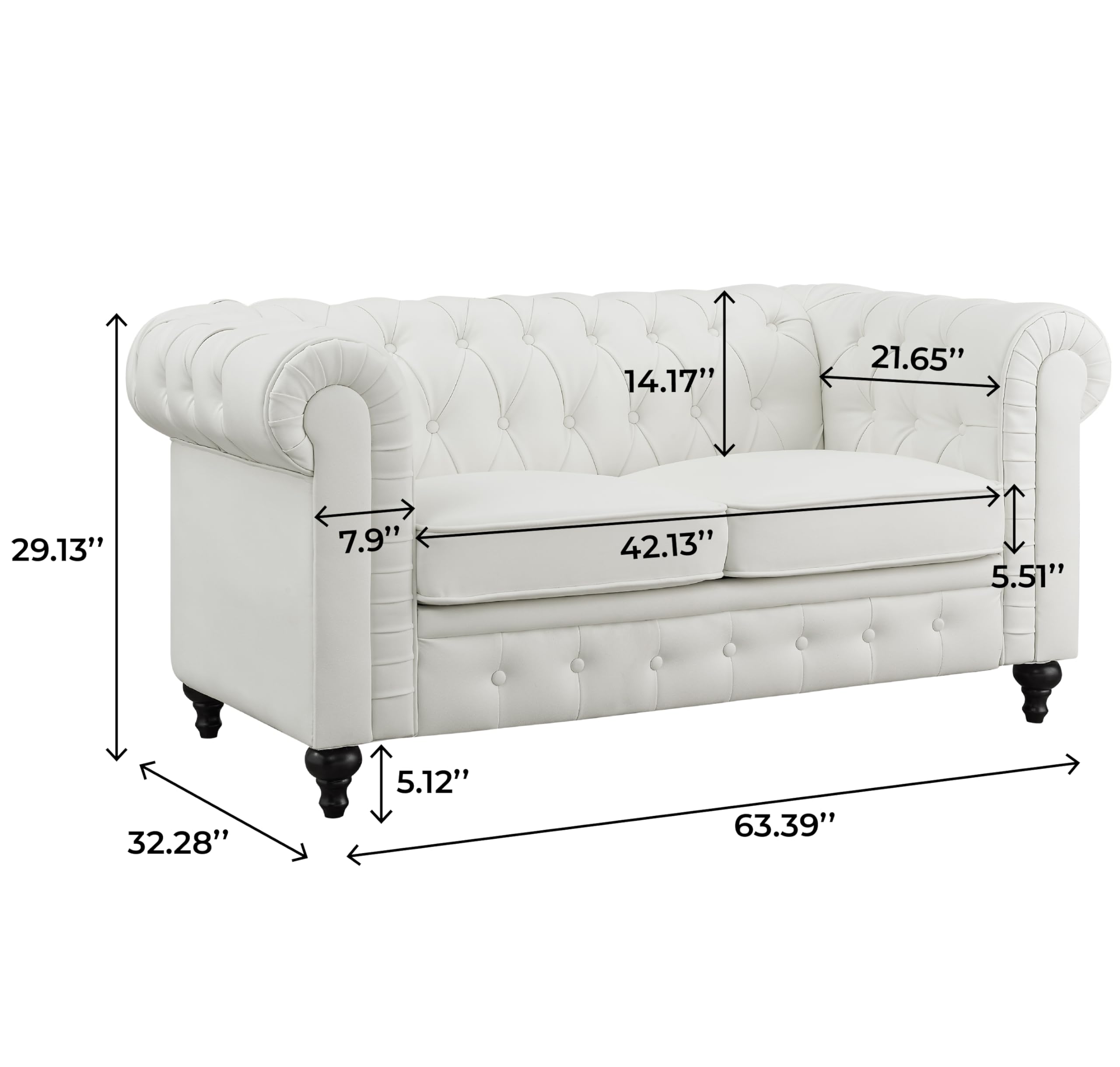 Naomi Home Emery Chesterfield Leather Loveseat, Mini Sofa Sleeper Loveseat, Small Sofa Bed with Rolled Arms, Tufted Cushions 2 Seater Sectional Small Loveseat for Small Spaces, Living Room White