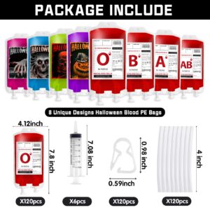 MGparty 120 Packs Halloween Blood Bags for Drink, Halloween Party Decoration, Reusable Blood Bags Drinks Pouches Juice Containers for Hallowen Theme Party (120pcs Bags, 120 Clips, 6 Syringes)