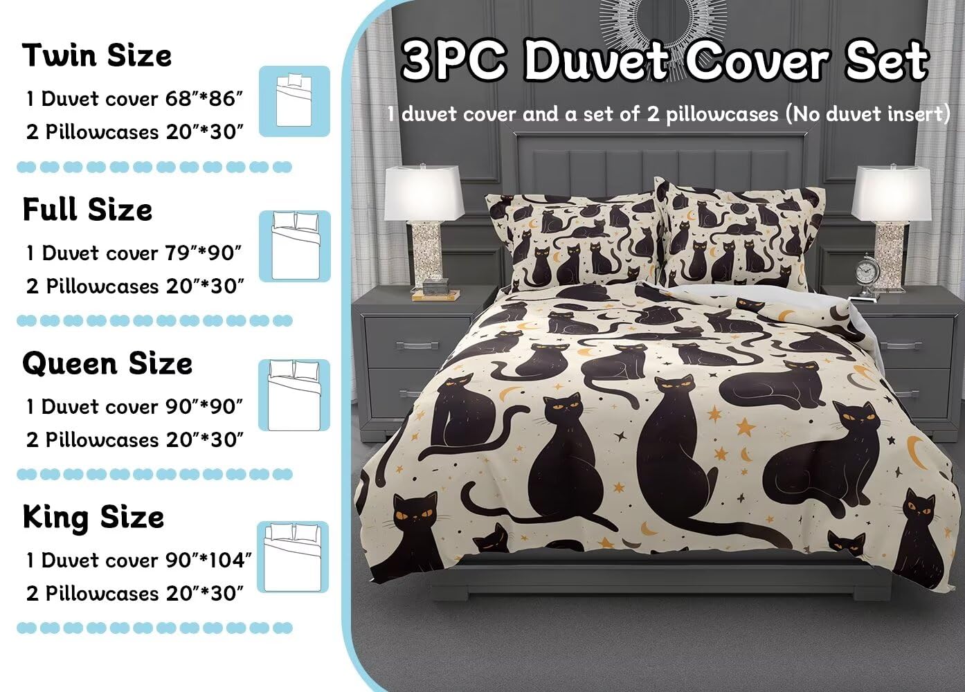 Cat Duvet Cover King Size 3D Printed Black Cat King Duvet Cover Set Cat Lover's Gift Animal Themed Printed Bedding Sets Room Decor 3 Pcs Comforter Cover with 2 Pillowcases