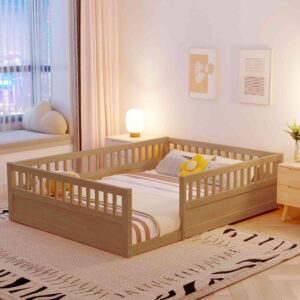 ATY Wooden Full Size Floor Bed with Fence, Wood Slat Support Bedframe for Kids, Toddlers, Easy Assemble & Space Saving Design, Natural