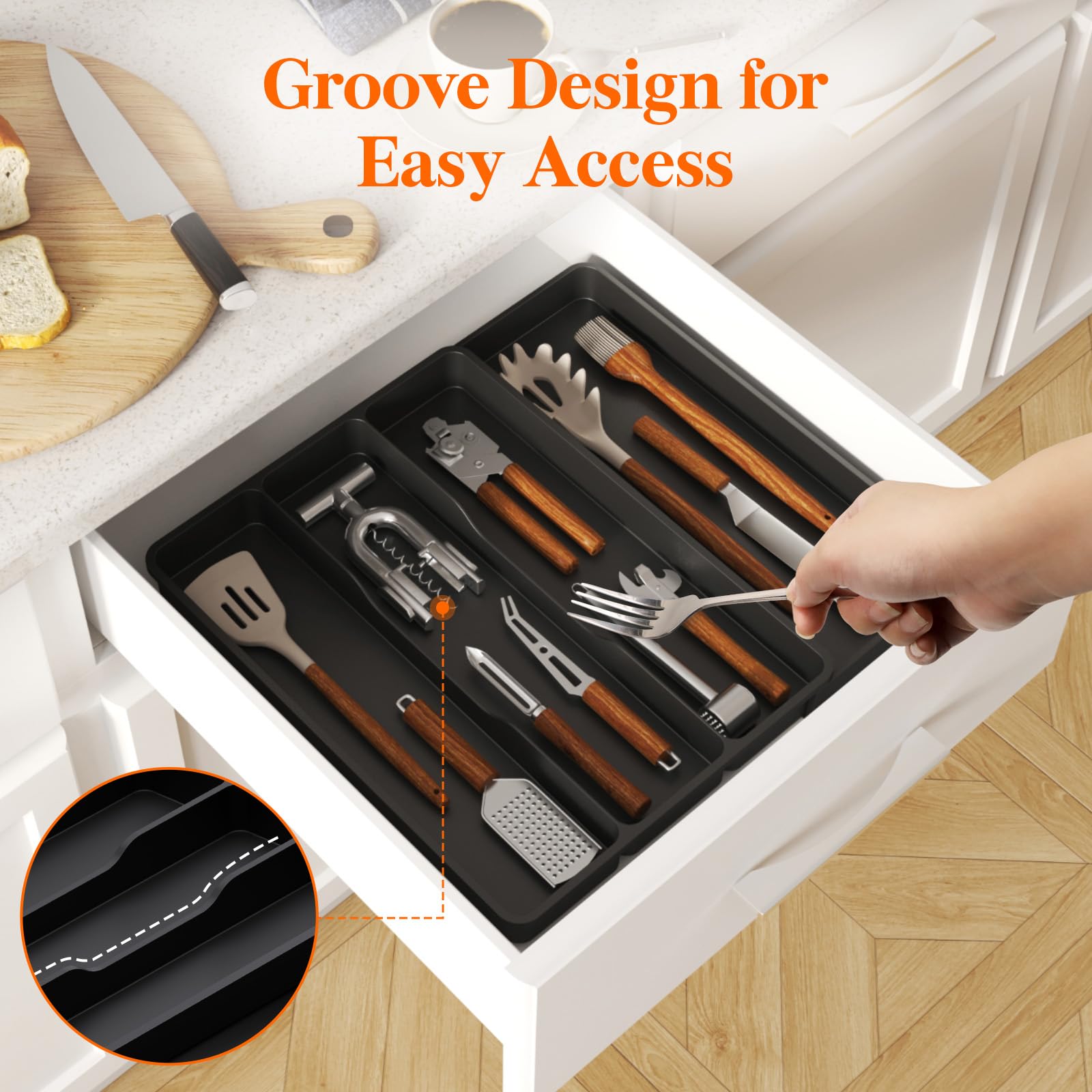 Lifewit Utensil Drawer Organizer, Expendable Cooking Silverware Tray for Kitchen Drawer, Adjustable Cutlery Flatware Holder, Plastic Spatula Tools and Gadgets Storage Divider, 4 Compartments, Black