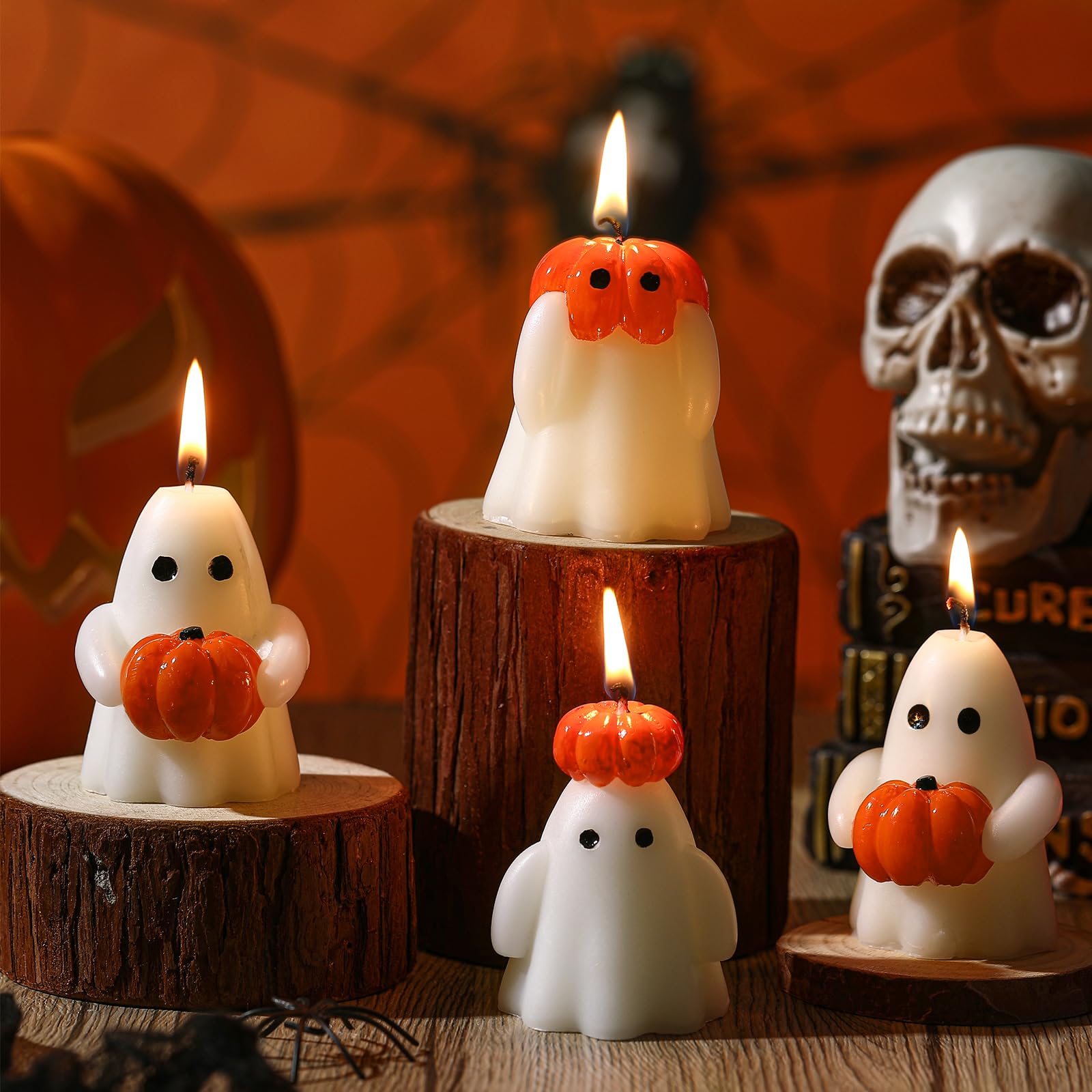 4 Pcs Halloween Ghost Candle Large Halloween Candle Pumpkin Spooky Ghost Candles White Ghost Shaped Tea Lights Candle Goth Gifts for Halloween Party Favor Supplies Home Bedroom Room Table Decorations