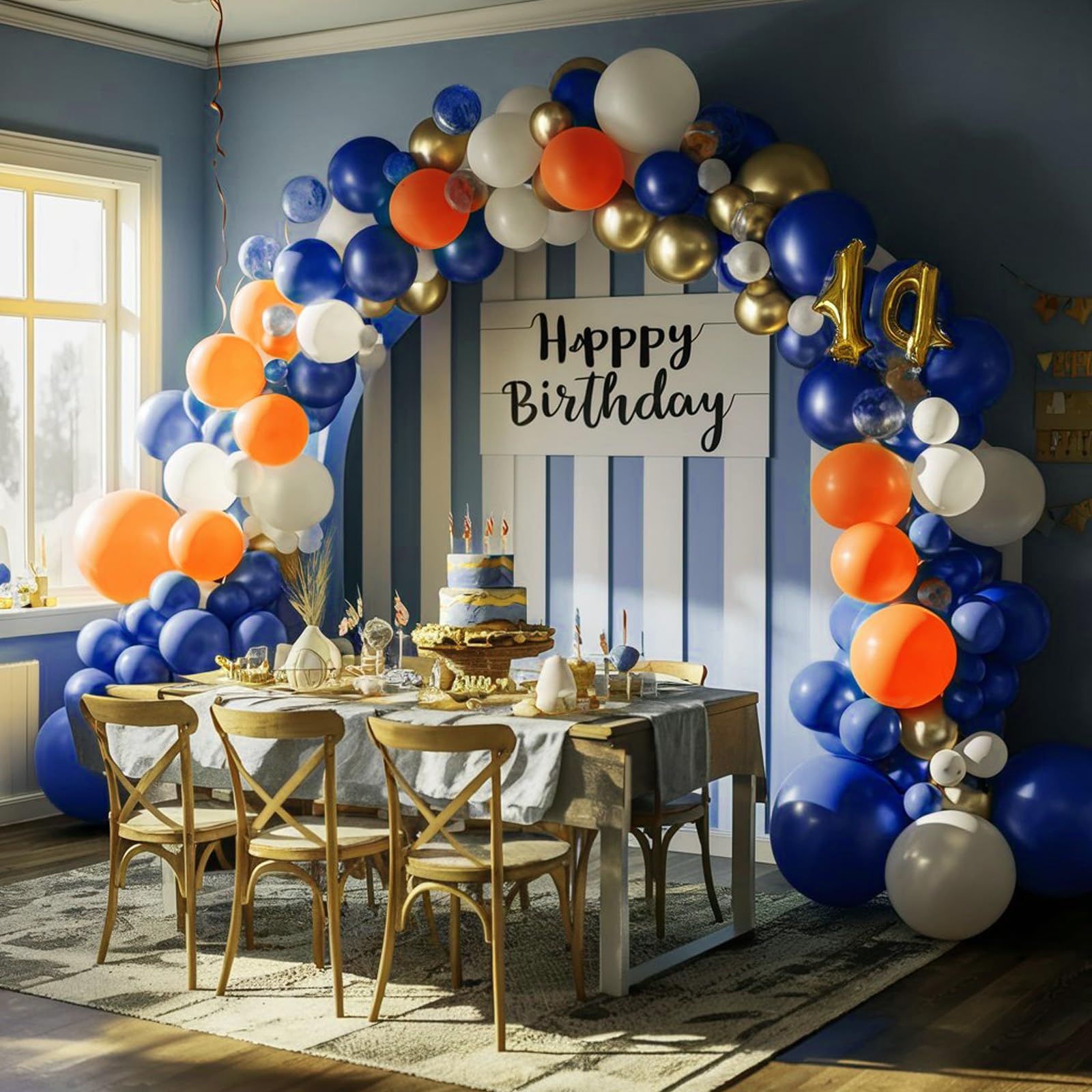 Orange and Blue Balloon Arch Kit, 120 Pcs Navy Royal Dark Blue Gold Orange Balloons Garland Kit with 4D Star Chrome Latex Balloons for Graduation Class of 2024 Thanksgiving Party Decorations