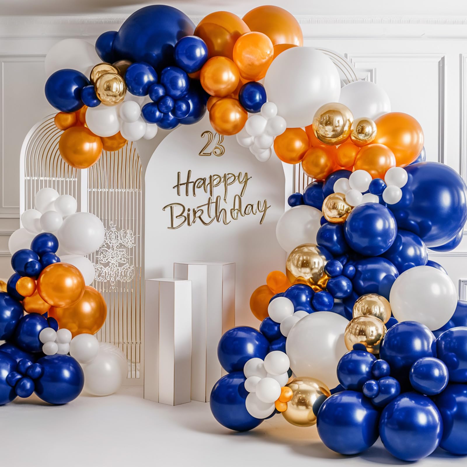 Orange and Blue Balloon Arch Kit, 120 Pcs Navy Royal Dark Blue Gold Orange Balloons Garland Kit with 4D Star Chrome Latex Balloons for Graduation Class of 2024 Thanksgiving Party Decorations