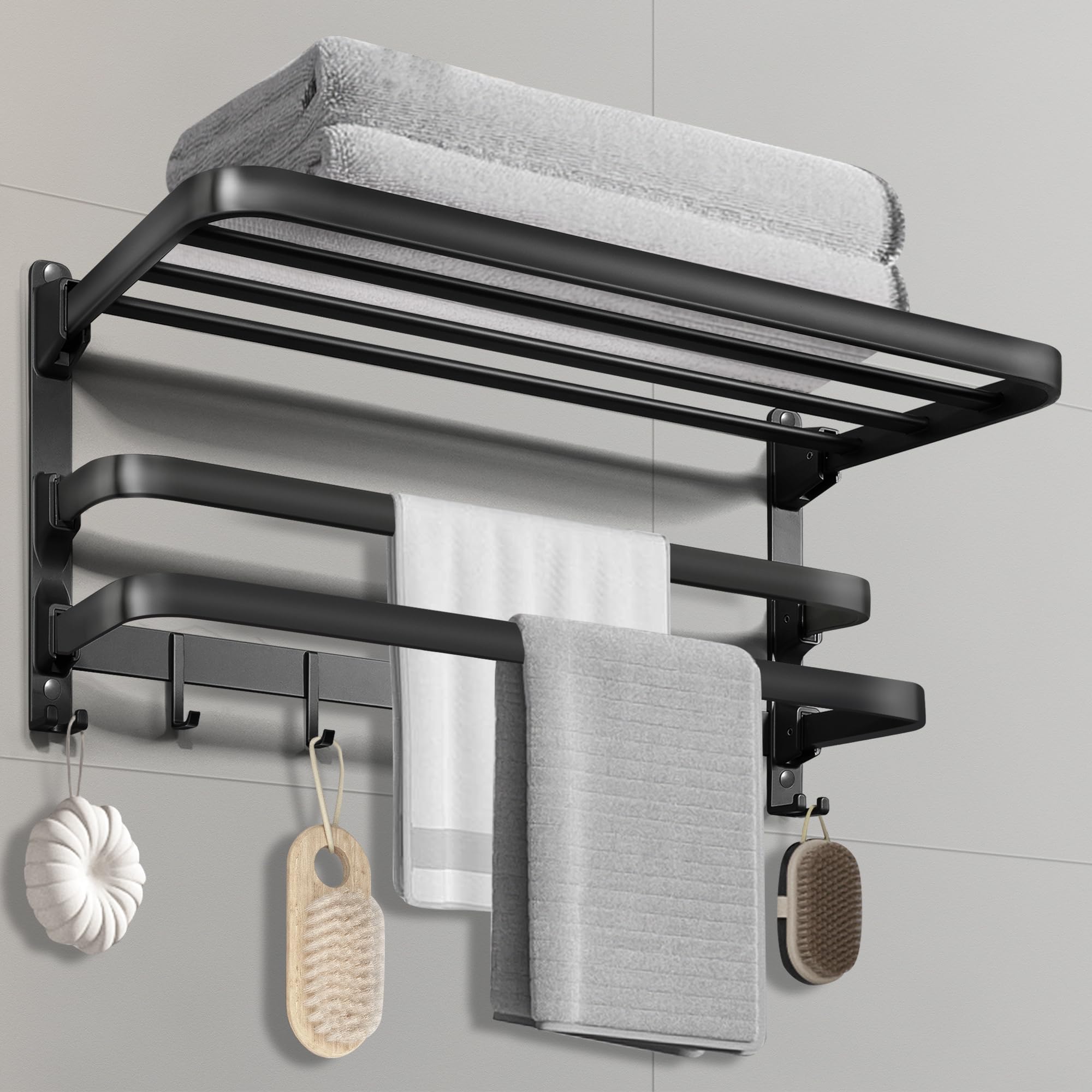 24 Inch Towel Racks for Bathroom Wall Mounted,Foldable Towel Shelf with Towel Bar and Hooks,Space Aluminum Matte Black Towel Rack with Shelf,Rustproof Towel Organizer for Bathroom,Hotel or Balcony