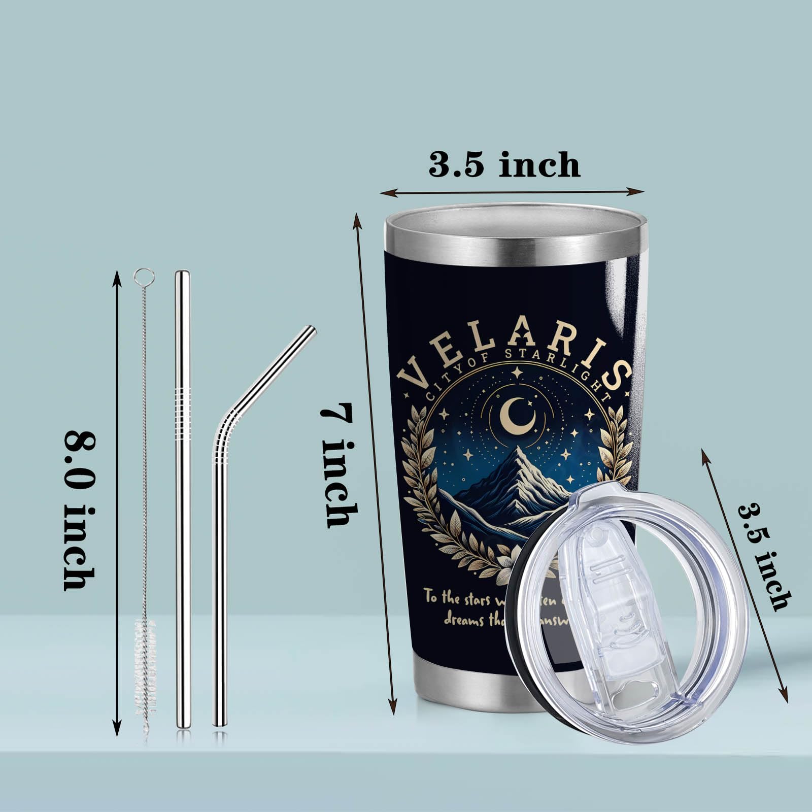 Velaris City of Starlight 20oz Stainless Steel Tumbler with Lid and Straw Acotar Gift (Black-VELARIS City)