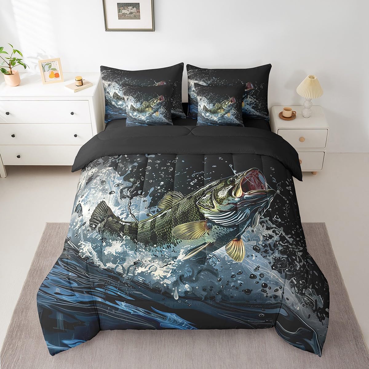 Feelyou Big Pike Fish Comforter Set with Sheets Bass Big Fish Hunting and Fishing Themed 7 Piece Bedding Set for Kids Boys Girls Black Underwater Animals Bed in a Bag for Independence Day Queen Size