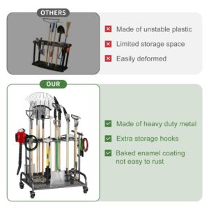 bimiti Garden Tool Organizer Garden Tool Rack Freestanding with Brake Wheels Lawn Tool Organizer for Up to 61 Tools Heavy Duty Steel Outdoor Garden Tool Storage Yard Tool Storage