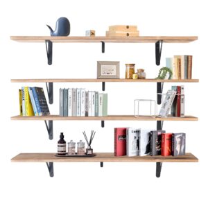 Long Floating Shelves for Books,Wall Hanging Bookshelf Set of 4,Rustic Wall Mount Book Shelf Wood Extra Large for Livingroom Bedroom Kitchen Bathroom Home Office Decor,36 Inches(Carbonized Black)